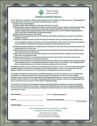 AZ Luxury Lawns 10-Year Installation Warranty AZ Luxury Lawns 10-Year Installation Warranty