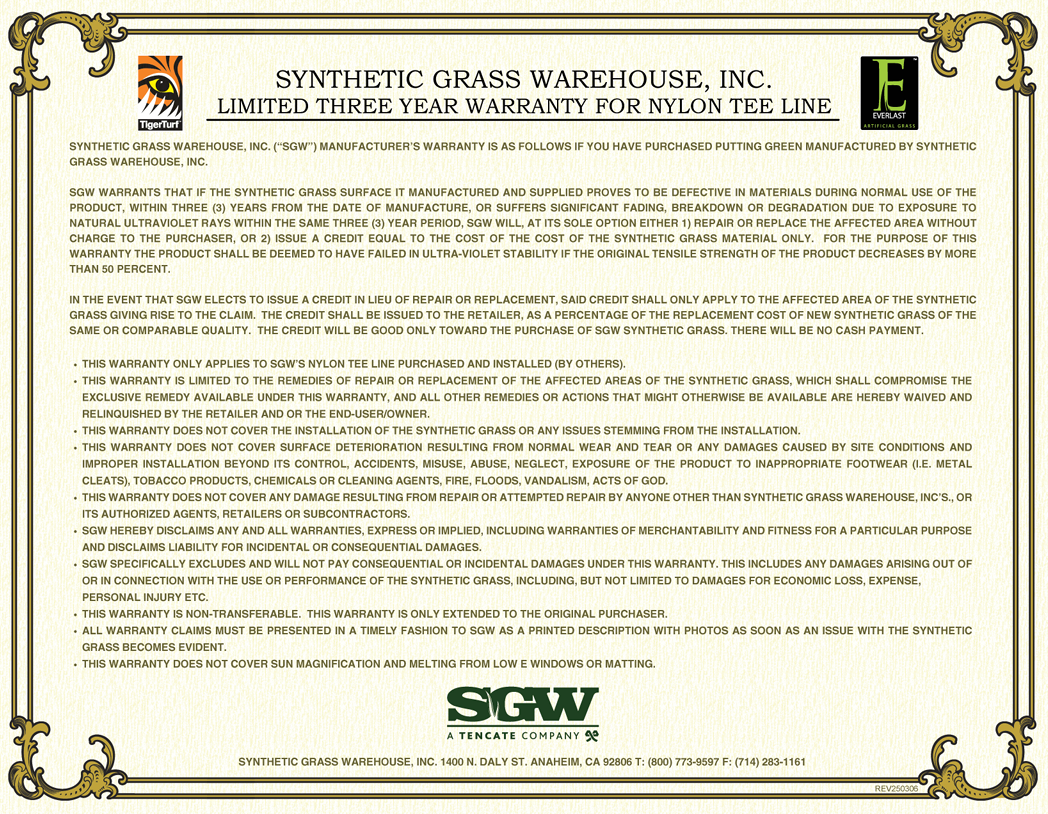 SGW's 3-Year Putting Green Warranty (AZ Nylon Putt 2-Tone)