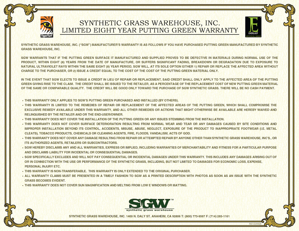 8-year Putting Green Warranty (Pro Putt Turf)