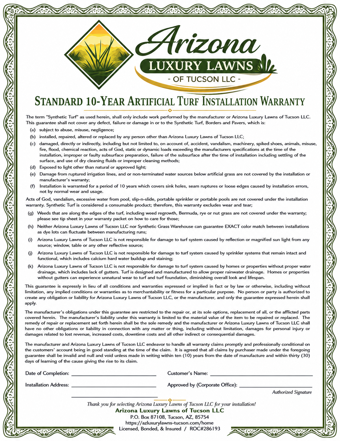 Standard 10-Year Artificial Turf Installation Warranty